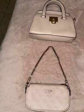 Guess Cream Mini Logo Chain Pouch with Top Handle Satchel